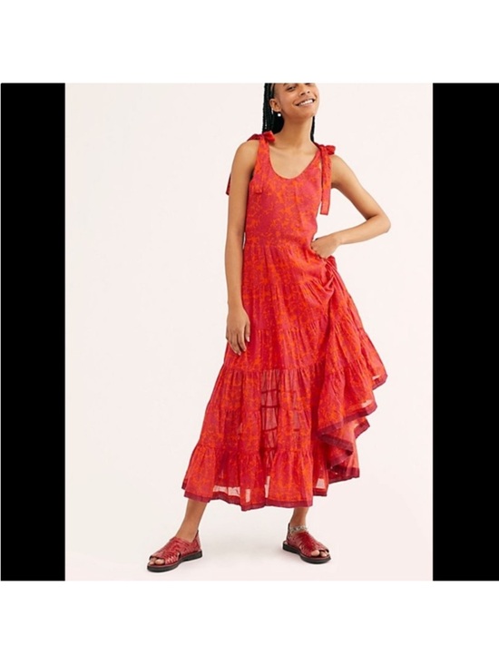 Free People Dresses & Skirts - Free People Kikas Printed Midi Tiered Dress in Tangerine, Size XS
